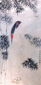 Zhang Daqian Chang Dai chien Painting - Chang dai chien beauty in red hair kerchief wooden shoes white robe bamboos 1980 old China ink